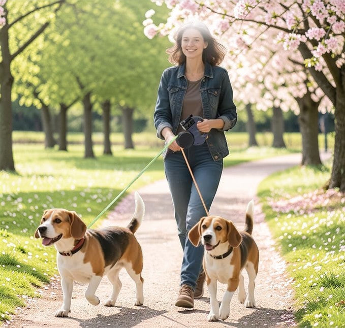 Guinzaglio doppio per due cani con LED e girevole anti-intrecci